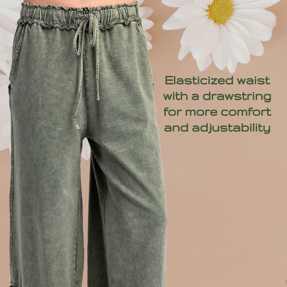 EASEL Lace Detailed Terry Knit Cotton Mineral Washed Wide Leg Drawstring Pockets - Picture 9 of 16